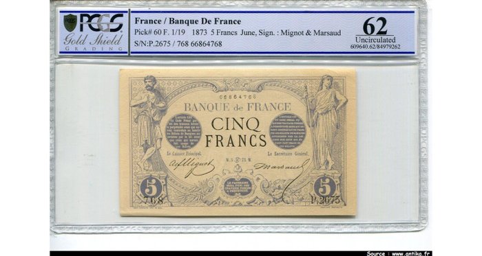 Frankrig. - 5 Francs - 05/06/1873 - Noir - Pick 60