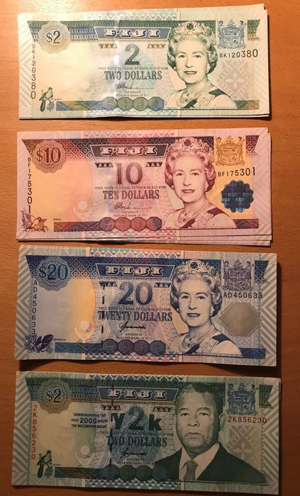 Fiji. - 5 x 2, 10, 20, 2 Dollars ND (1996), 2000 - Pick 96b, 98b, 99b, 102a (20 banknotes)  (Ingen mindstepris)