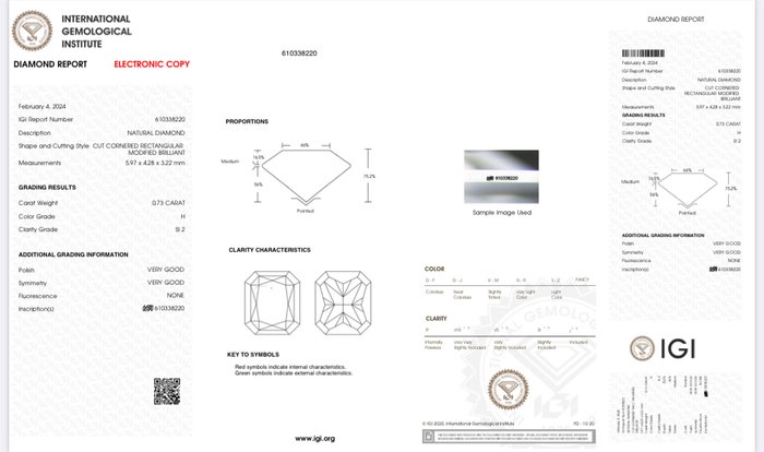 1 pcs Diamant  (Natur)  - 073 ct - Radiant - H - SI2 - International Gemological Institute (IGI)