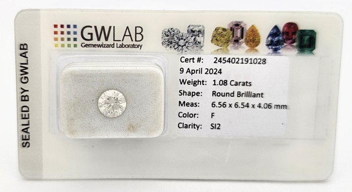 1 pcs Diamant  (Natur)  - 1.08 ct - Rund - F - SI2 - Gemewizard Gemological Laboratory (GWLab)