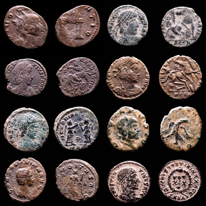 Romarriket. Lot comprising eight (8) coins: III-IV centuries AD.. Antoninianus, Follis, Maiorinas. Claudius II (2), Salonina, Constantius II (2), Constans (2)  Constantine I  (Ingen mindstepris)