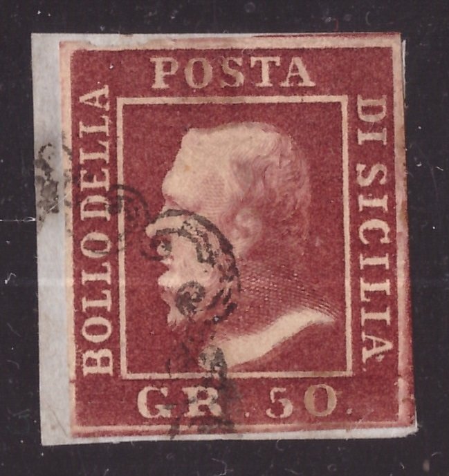 Antikke Italienske Stater - Sicilien 1859 - 50 korn brun lak brugt på lille fragment - Sassone N 14