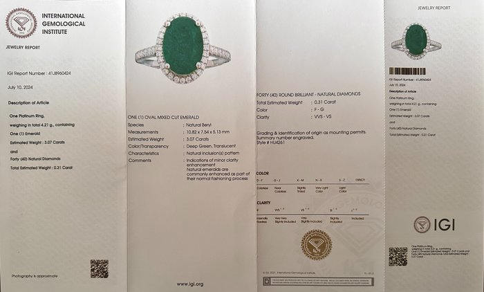 Ring Platin -  3.38ct. tw. Smaragd - Diamant - Deep Green - Mindre olie