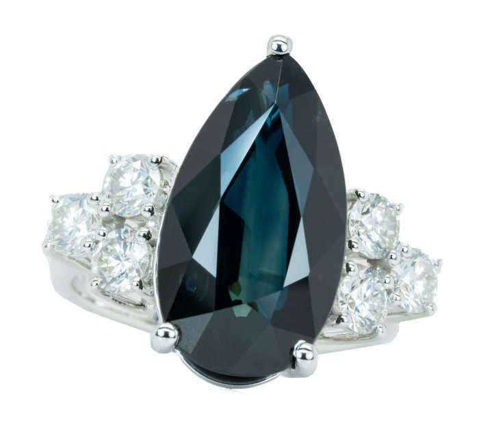 Ingen mindstepris - Ring - 18 kraat Hvidguld, Dyb blå (ingen varme) -  11.59ct. tw. Safir - Diamant - 1.23ct VS-SI