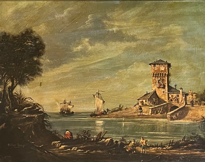 Scuola italiana (XIX-XX), after Canaletto - Torre sul mare al crepuscolo