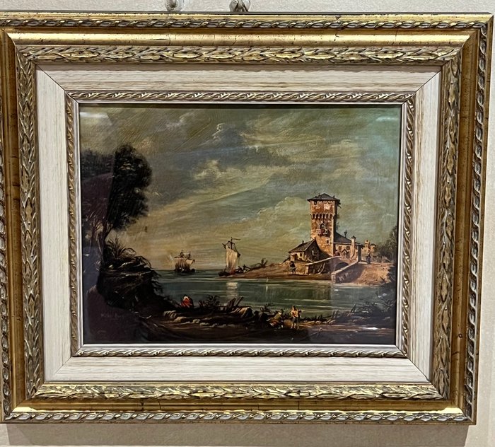 Scuola italiana (XIX-XX), after Canaletto - Torre sul mare al crepuscolo