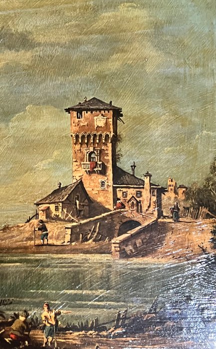 Scuola italiana (XIX-XX), after Canaletto - Torre sul mare al crepuscolo