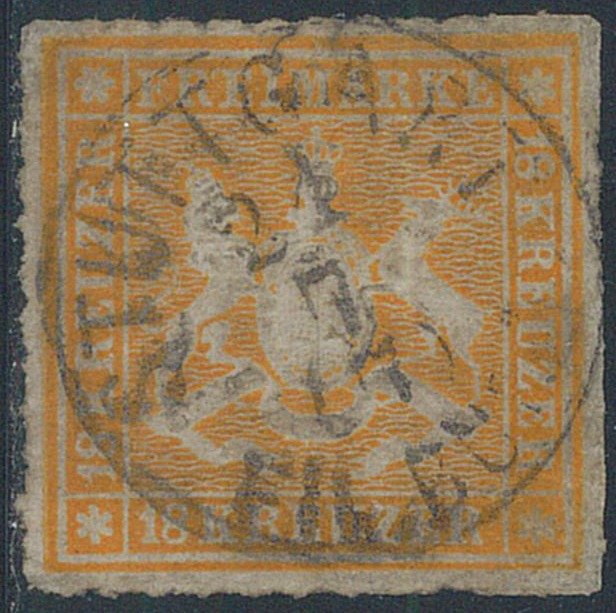 Württemberg  - 19 kr. orange perforeret i streger, n. 35, med det centrale Stuttgart-poststempel.