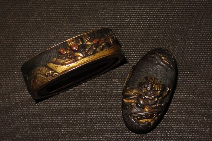 Katana - Shakudo - Shakudo Nanako Musya Gassen Fuchi  Kashira : C4-390 - Japan - Edo-perioden (1600-1868)