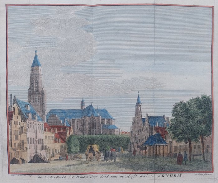 Holland - Arnhem; Isaak Tirion - De groote Markt, het Princen Hof, Stad huis en Hoofd Kerk te Arnhem - 1750