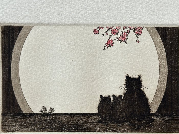 Cats Series: "Morning" 朝 - beautiful scene  Limited color edition /  Latest work 2024 - Norikane Hiroto 乗兼広人 (b 1949) - Japan