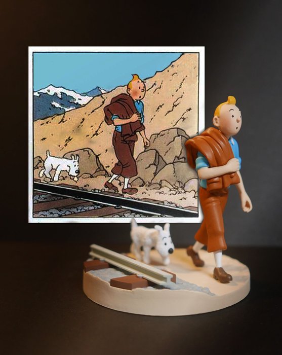 Tintin - 2011 ''Le Temple du Soleil''- Scène cube :  Figurines Tintin et Milou sur la Voie Ferrée