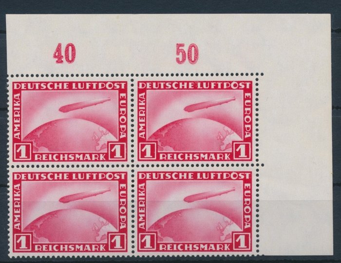 Tyske Kejserrige 1931 - Luftpoststempler Zeppelin 1 RM i en blok med 4 fra øverste højre hjørne - Michel Nr. 456 (4)