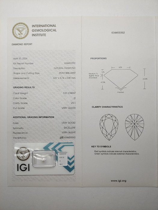 1 pcs Diamant  (Natur)  - 031 ct - Pære - D (farveløs) - VS1 - International Gemological Institute (IGI)