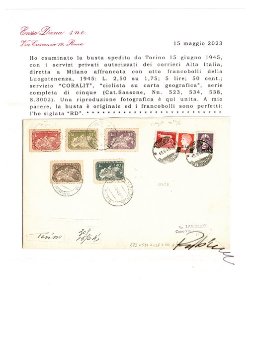 Italien Kongerige 1945/1945 - Coralit kuvert plus komplementære værdier Diena certificeret - Sassone