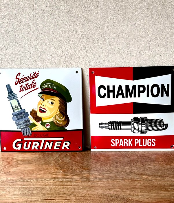 No reserve- Twee Bougies emaille reclameborden Gurtner Bougie en Chapion spark Plugs - Emaljeskilt - Metal