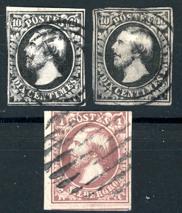 Luxembourg 1852 - Luxembourg - voll- bis breitrandige, sauber gestempelte 10 C schwarz (2 Marken) und  1 Sgr. vom linken Bogenrand