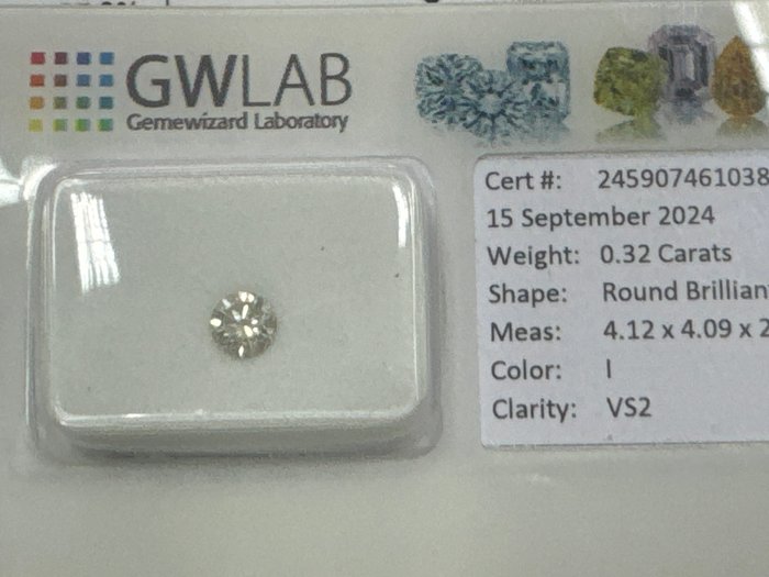 Ingen mindstepris - 1 pcs Diamant  (Natur)  - 032 ct - Rund - I - VS2 - Gemewizard Gemological Laboratory (GWLab)