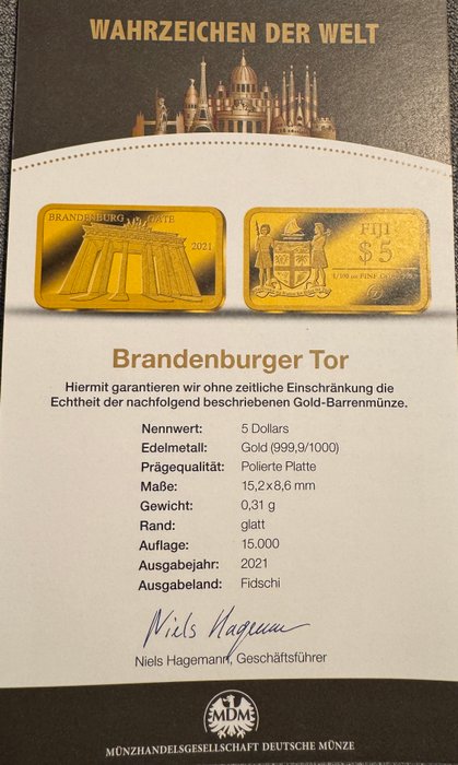 Fiji. 5 Dollars 2021 Brandenburger Tor, 1/100 Oz (.999) Proof  (Ingen mindstepris)