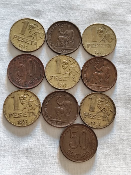 Spanien. Guerra Civil y II Republica. 1-Peseta 50-25 Céntimos 1925-1927-1934-1937 (30 monedas)  (Ingen mindstepris)