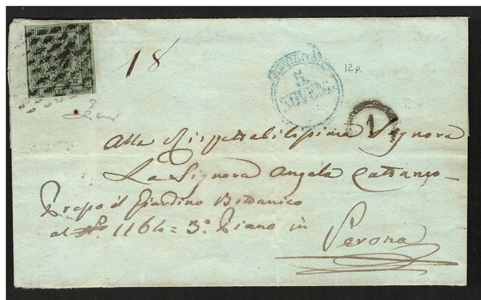 Antikke Italienske Stater - Modena 1855 - 5 c n 8 på brev fra Modena 12 point - Sassone 8