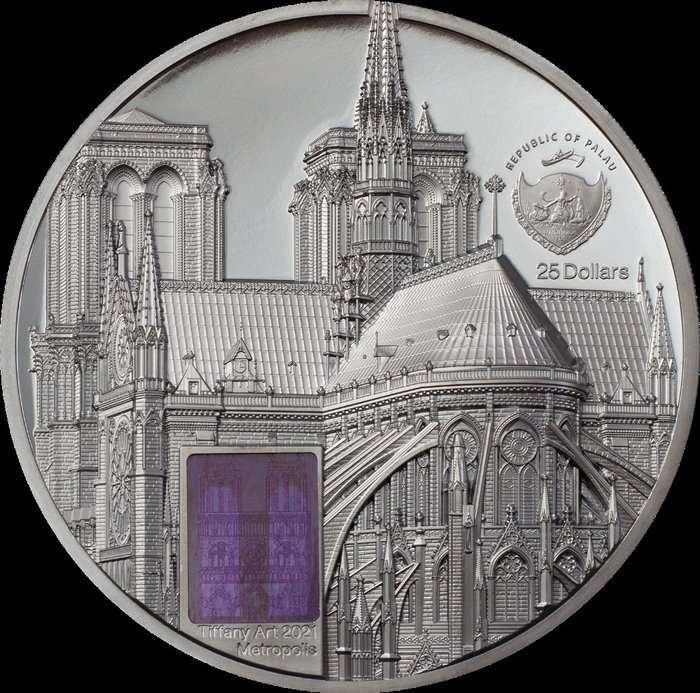 Palau. 25 Dollars 2021 Notre Dame De Paris - Tiffany Art, 5 Oz (.999)