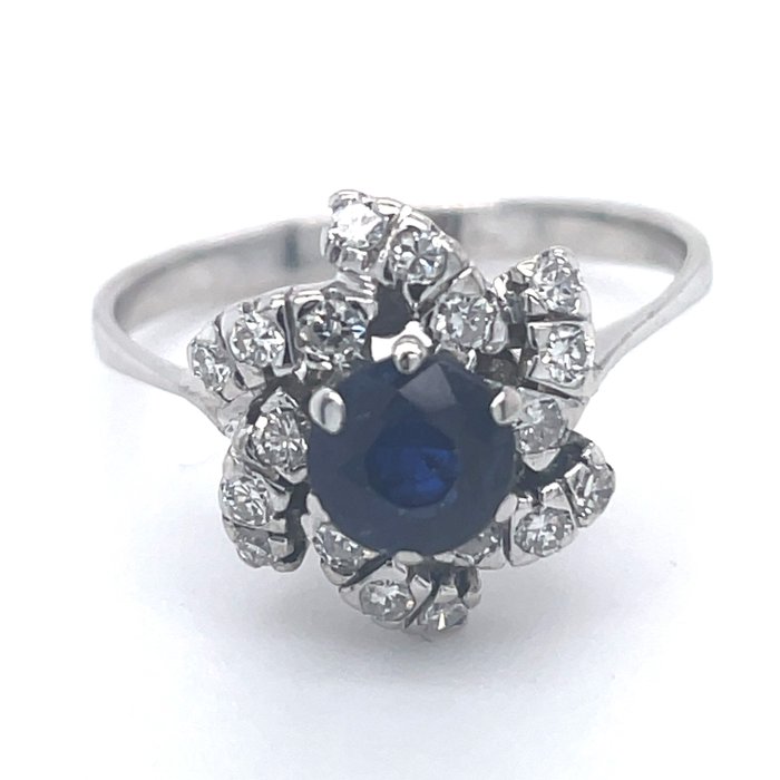 Ring - 18 kraat Hvidguld Safir - Diamant