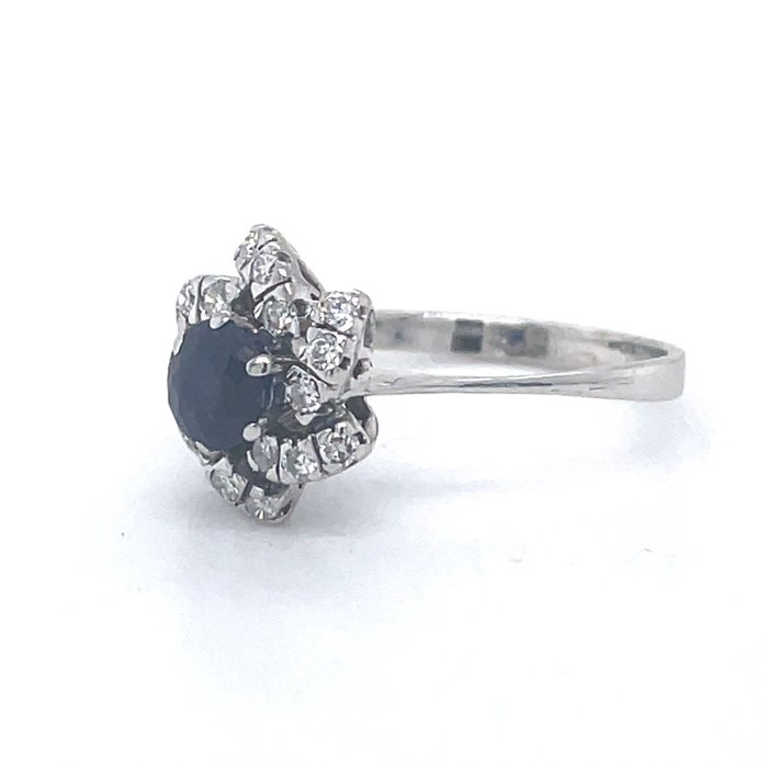 Ring - 18 kraat Hvidguld Safir - Diamant