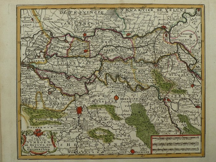 Holland - Gelderland, Brabant, flodområde, Betuwe; Hendrik de Leth - Caarte van 't Ryk van Nymegen, de Betuwe in 't Hertogdom Gelderland - 1740