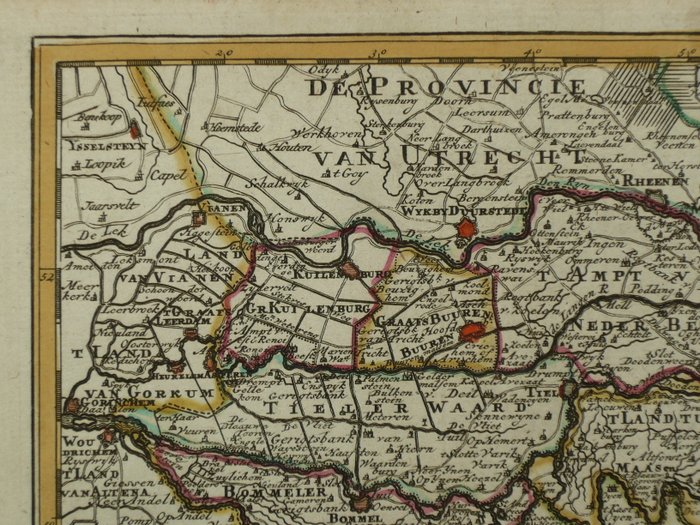 Holland - Gelderland, Brabant, flodområde, Betuwe; Hendrik de Leth - Caarte van 't Ryk van Nymegen, de Betuwe in 't Hertogdom Gelderland - 1740