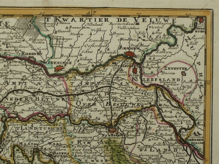 Holland - Gelderland, Brabant, flodområde, Betuwe; Hendrik de Leth - Caarte van 't Ryk van Nymegen, de Betuwe in 't Hertogdom Gelderland - 1740