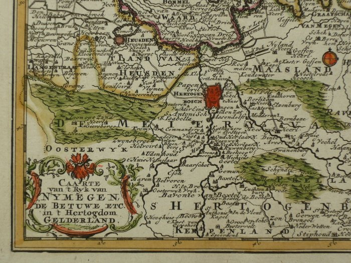 Holland - Gelderland, Brabant, flodområde, Betuwe; Hendrik de Leth - Caarte van 't Ryk van Nymegen, de Betuwe in 't Hertogdom Gelderland - 1740