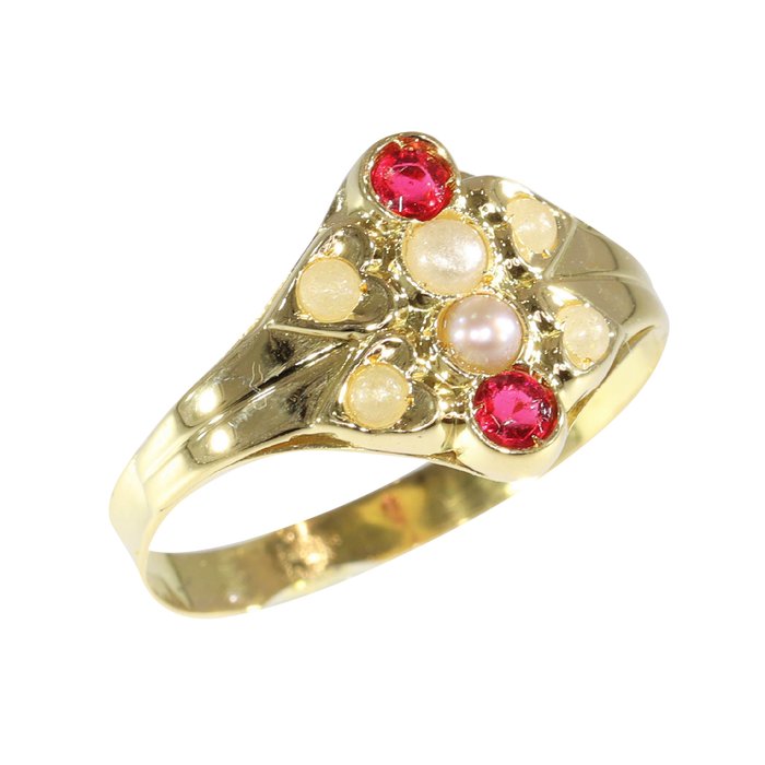 Ingen mindstepris - Ring - 18 kraat Gulguld - Perle - Strass - Vintage 1900