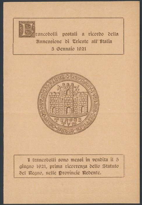 Italien Kongerige 1921 - Anneksering af Venezia Giulia komplet serie n. 113/15 i sjælden Mappe.