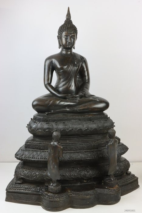 Groot (52 cm) beeld Boeddha in Dhyana mudra met aanbidders - Statue - Thailand