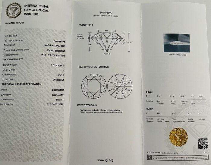 1 pcs Diamant  (Natur)  - 3.01 ct - Rund - F - VVS1 - International Gemological Institute (IGI) - *3EX let*