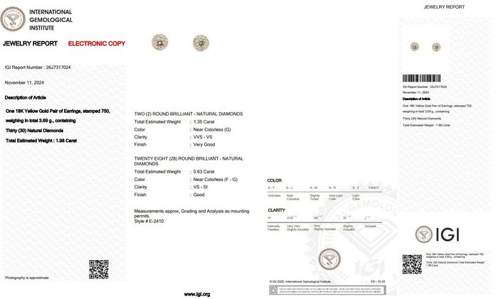 Øreringe - 18 kraat Gulguld -  1.98ct. tw. Diamant (Natur) - Diamant