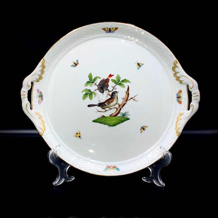 Herend - Exquisite Large Serving Platter with Handles (31,5 cm) - "Rothschild Bird" - Platte - Håndmalet porcelæn