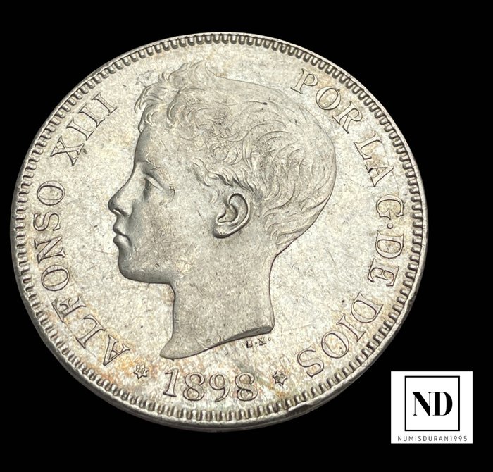 Kongeriget Spanien. Alfonso XIII (1886-1931). 5 Pesetas 1898 - Madrid  (Ingen mindstepris)