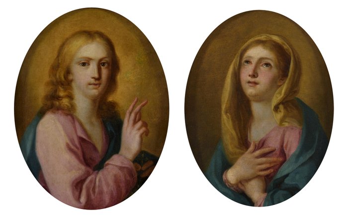 Scuola Napoletana (XVIII) - Coppia di dipinti: Gesù benedicente e Madonna orante