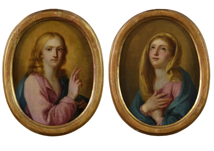 Scuola Napoletana (XVIII) - Coppia di dipinti: Gesù benedicente e Madonna orante