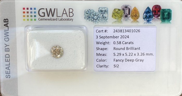 Ingen mindstepris - 1 pcs Diamant  (Natur)  - 058 ct - Rund - SI2 - Gemewizard Gemological Laboratory (GWLab) - Fancy Deep Grey