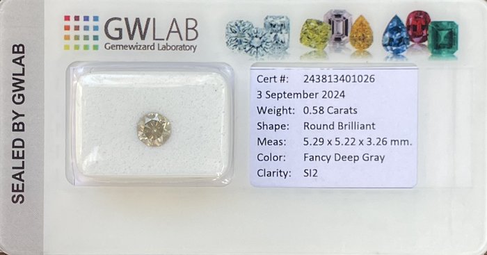 Ingen mindstepris - 1 pcs Diamant  (Natur)  - 058 ct - Rund - SI2 - Gemewizard Gemological Laboratory (GWLab) - Fancy Deep Grey