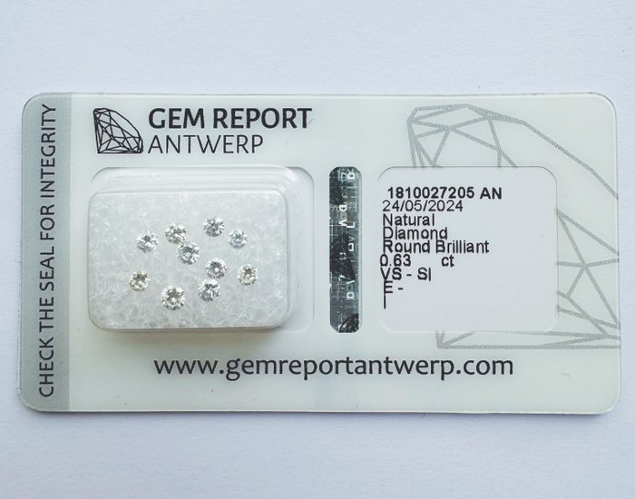 10 pcs Diamant  (Natur)  - 063 ct - Rund - E I - SI1 SI2 VS1 VS2 - Gem Report Antwerp (GRA)