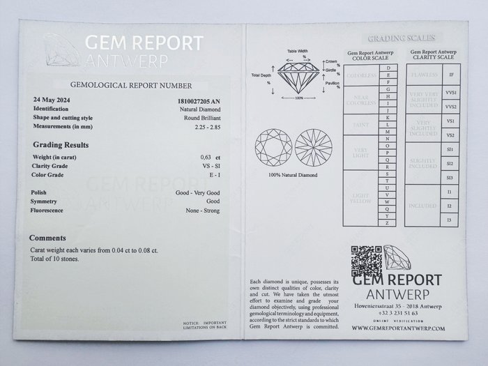 10 pcs Diamant  (Natur)  - 063 ct - Rund - E I - SI1 SI2 VS1 VS2 - Gem Report Antwerp (GRA)