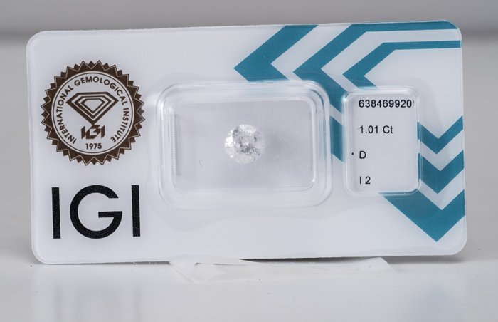 1 pcs Diamant  (Natur)  - 1.01 ct - Rund - D (farveløs) - I2 - International Gemological Institute (IGI)