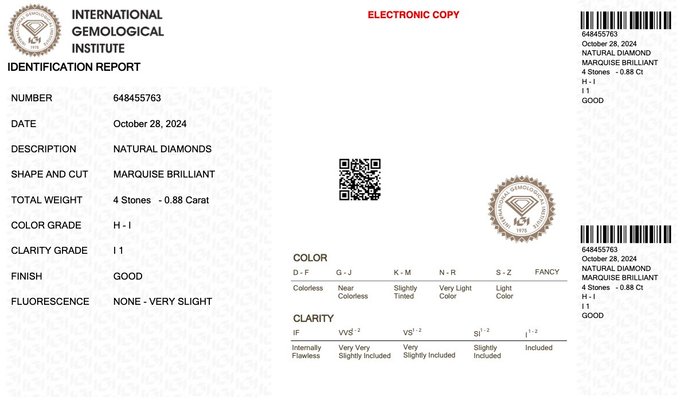 Ingen mindstepris - 4 pcs Diamant  (Natur)  - 0.88 ct - Marquise - H, I - I1 - International Gemological Institute (IGI)