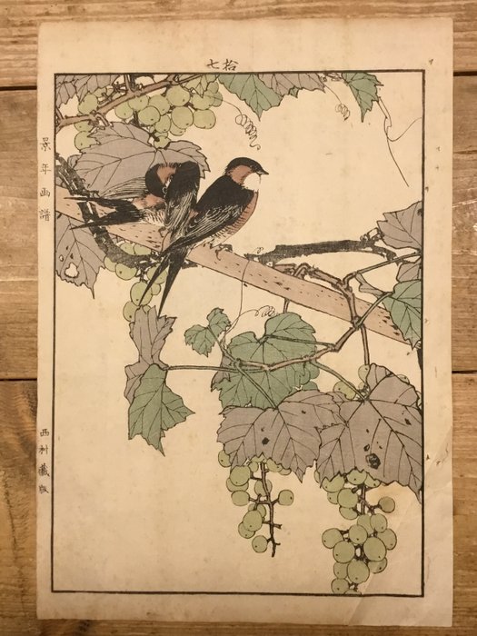 Twee roodstuitzwaluwen en druiven - Imao Keinen (1845-1924) - Japan -  Meiji-perioden (1868-1912)