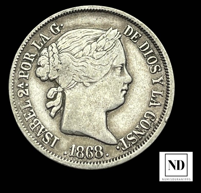 Kongeriget Spanien. Isabel II (1833-1868). 20 centavos de peso 1868 - Manila  (Ingen mindstepris)