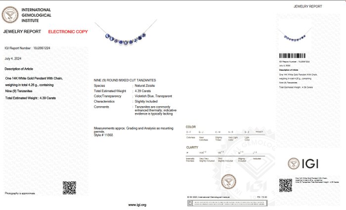 Ingen mindstepris - Halskæde - 14 karat Hvidguld -  4.39ct. tw. Tanzanit - IGI